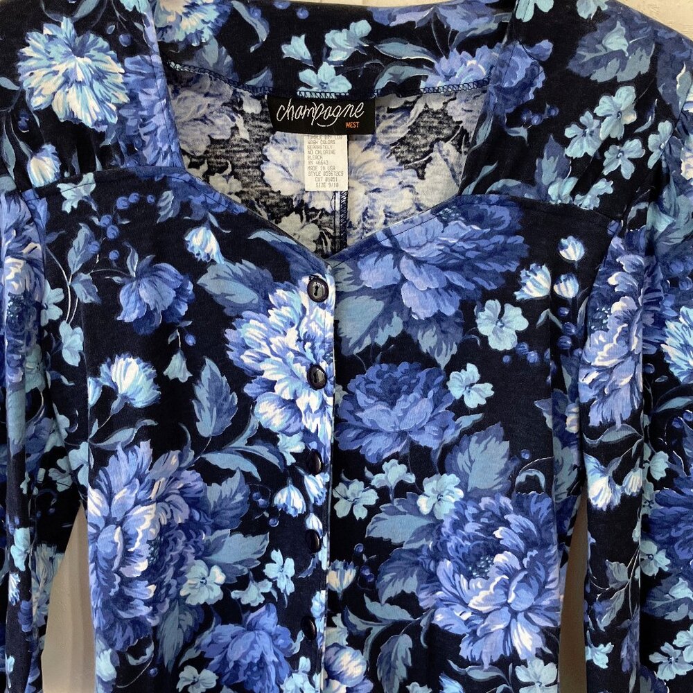 Blue floral tiered vintage late 1980's dress Champagne west brand made in USA